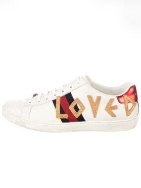 Gucci White Leather 'Loved' Low-Top Sneaker with Red/Blue Web and Gold Appliqué